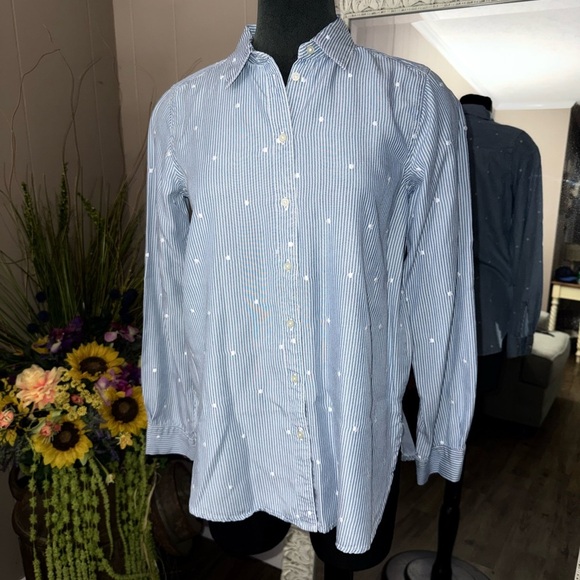 LOFT Tops - LOFT • Embroidered Dot Striped Poplin Button Down